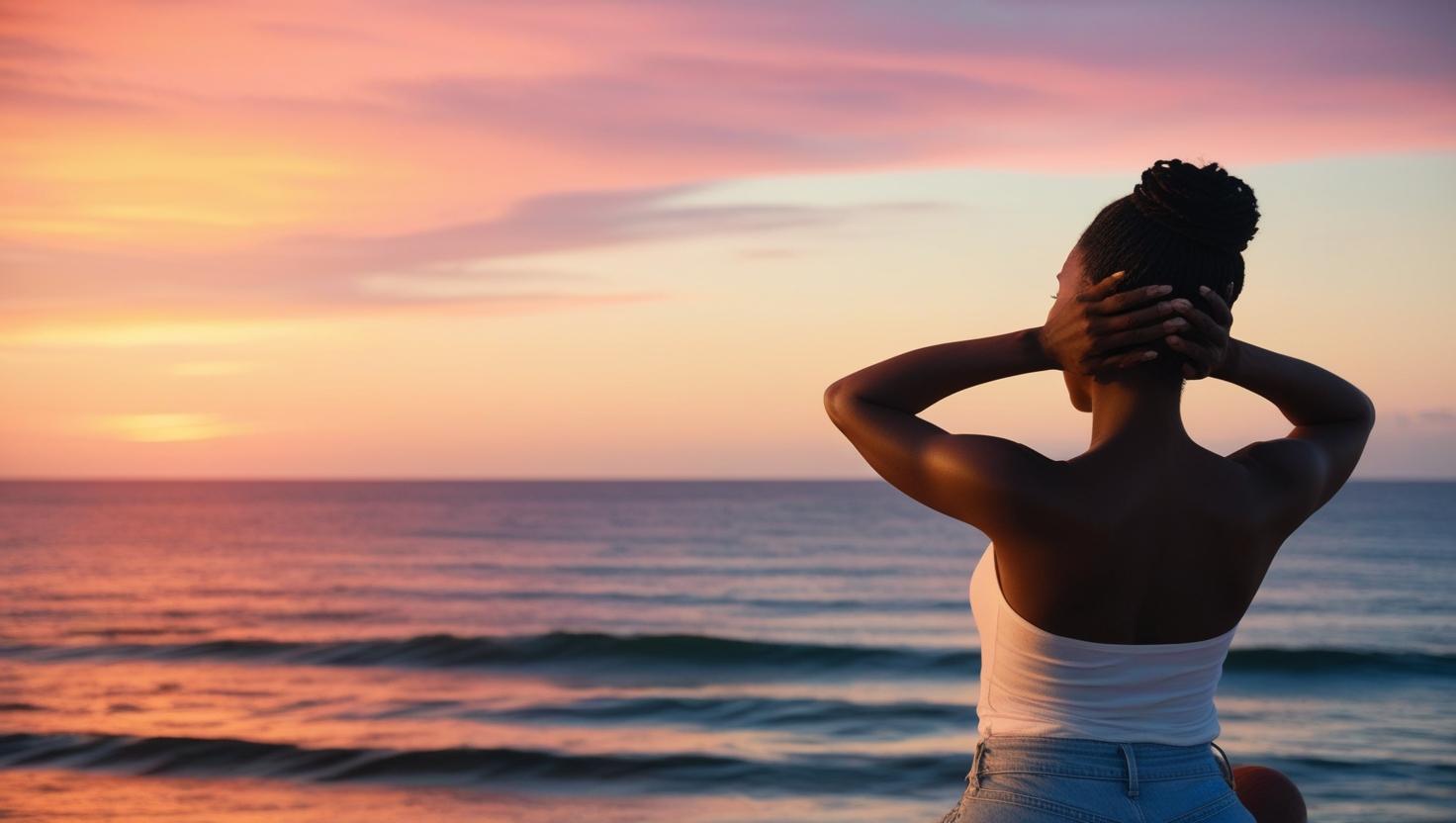 imagen en calidad foto 4k de cuerpo entero de una persona de espaldas mirando una puesta de sol, en actitud pensativa y cogiendose la cabeza con las manos, luces calidas y mar con olas pequeñas